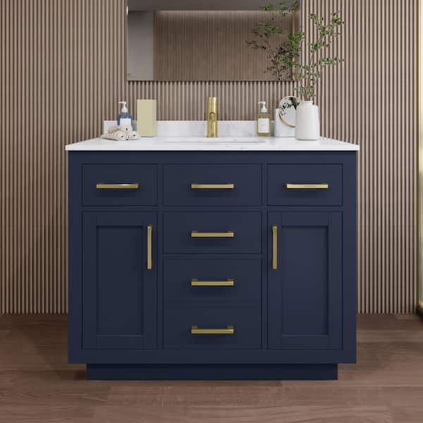Wyndham Collection Beckett TK 42 in. W x 22 in. D x 35 in. H Single Bath Vanity in Dark Blue with Carrara Cultured Marble Top