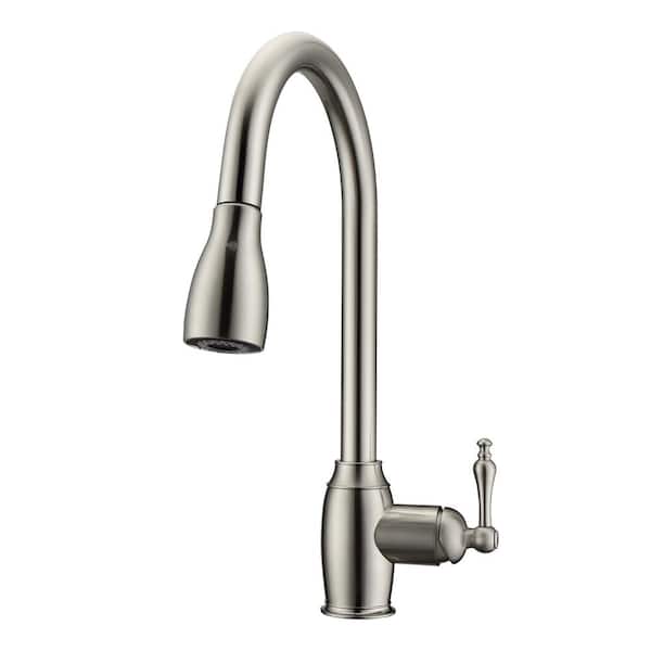 Barclay Products Bistro Single Handle Deck Mount Gooseneck Pull Down Spray Kitchen Faucet with Metal Lever Handle 1 in Brushed Nickel