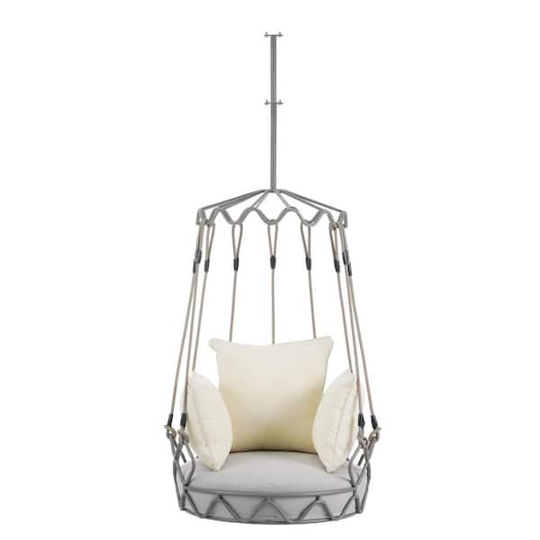 Unbranded Metal Outdoor Porch Swing Chair Hanging Basket, Hanging Chair with UV Resistant Beige Cushion for Patio, Porch, Balcony