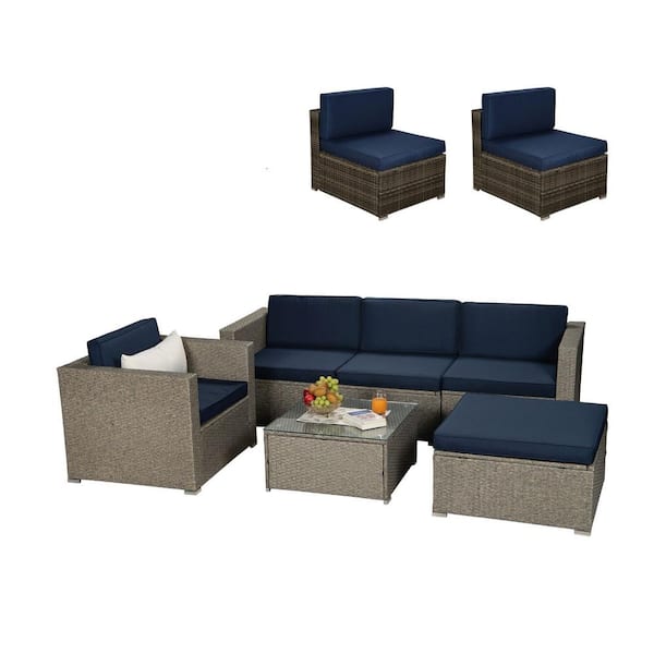 Anvil Gray 6-Piece Wicker Outdoor Sectional Set Patio Conversation Sets with Navy Cushion