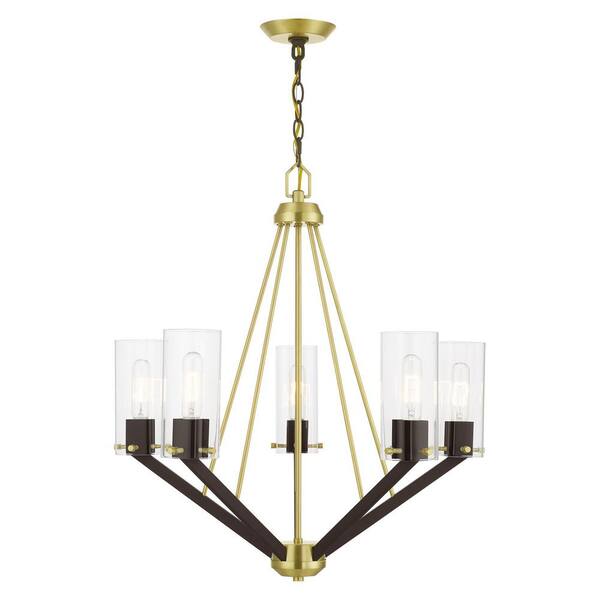 Lyncrest 5-Light Satin Brass and Bronze Chandelier with Clear Square Glass