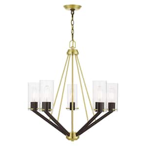 Beckett 5-Light Satin Brass and Bronze Chandelier with Clear Square Glass