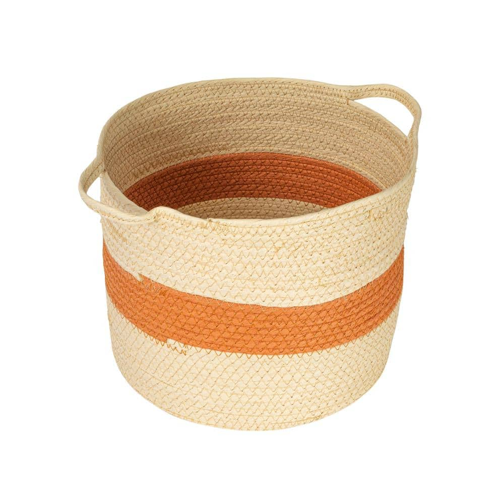 HOUSEHOLD ESSENTIALS Natural with Terracotta Stripe Round Handwoven Paper Rope Decorative Basket and Handles