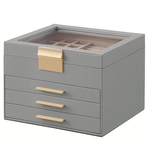 Gray 9 in. x 6.5 in. Polyurethane Modern Style Jewelry Box Organizer with Glass Lid