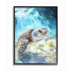 16 in. x 20 in. ''Sea Turtle Ocean Blue'' by George Dyachenko Framed Wall Art