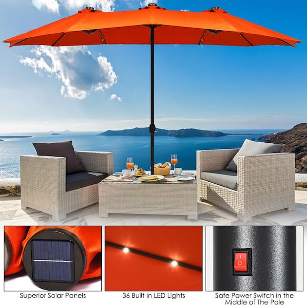 Costway Patio Umbrella 15 ft Steel Frame Market Solar LED Power 36-Light Orange 