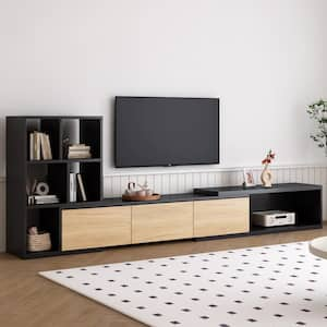 Black 74.8 in. - 126 in. W. Extendable TV Stand Fits TVs up to 110 in. w/ 3-Tier Bookshelves, Cabinets, Sliding Tabletop