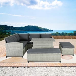 6--Piece Gray Wicker Outdoor Patio Sectional Sofa Conversation Set with Gray Cushions, 1 Lifting table, 2 ottomans