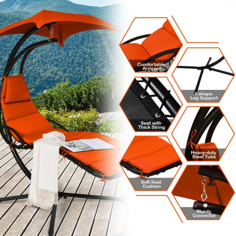 Orange Hanging Chaise Lounge Chair with Cushions and Canopy