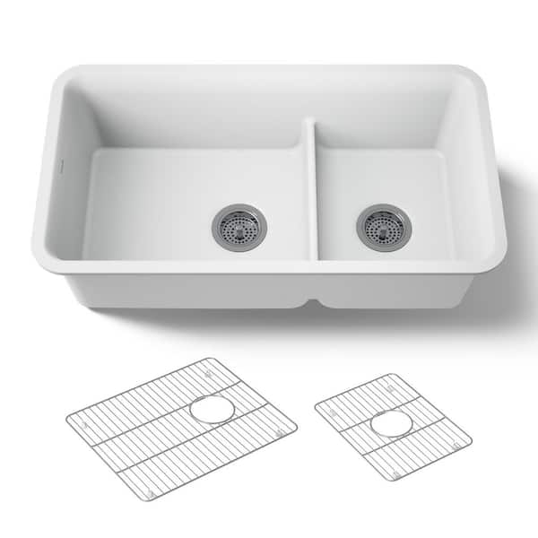 Cairn Matte White Granite Composite 33 .5 in. Double Bowl Undermount Kitchen Sink