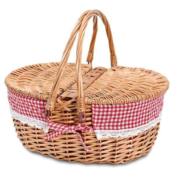 Wicker Picnic Basket with Removable Liner and Lid, Picnic Hamper with Foldable Handles for Picnic, Pink