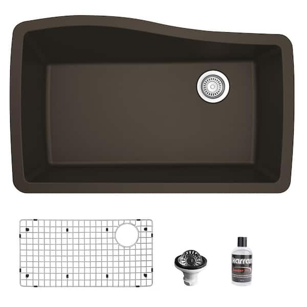 Karran Brown Quartz Composite 33 in. Single Bowl Undermount Kitchen Sink with Accessories
