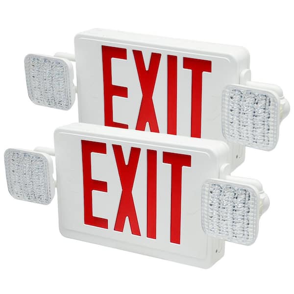 120-277-Volt White Integrated LED Emergency Red Exit Light w/2-Square Adjustable Lamp, 90-Min Backup (2-Pack)