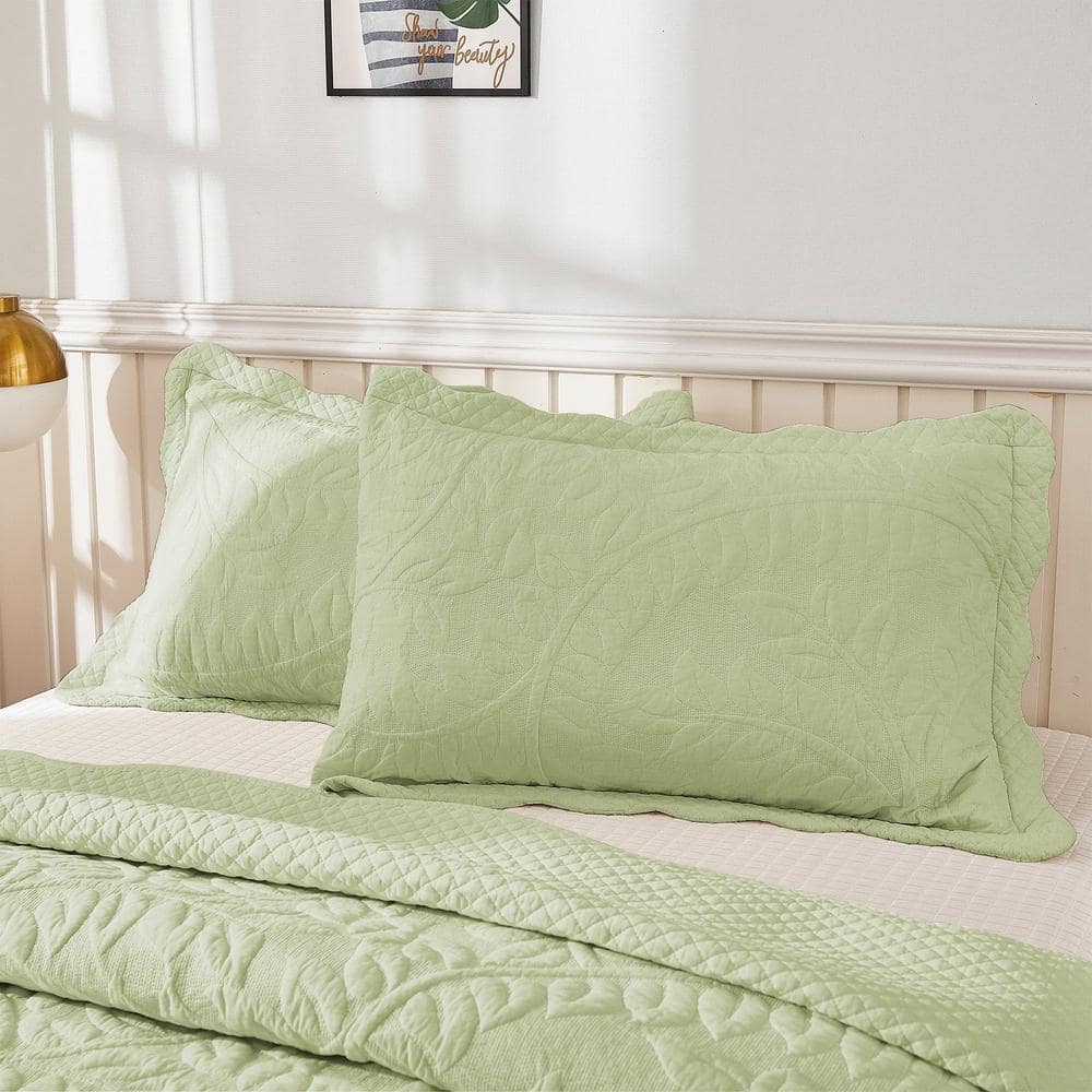 Pistachio Green Cotton Quilted Embroidered Standard Shams - 2 Piece