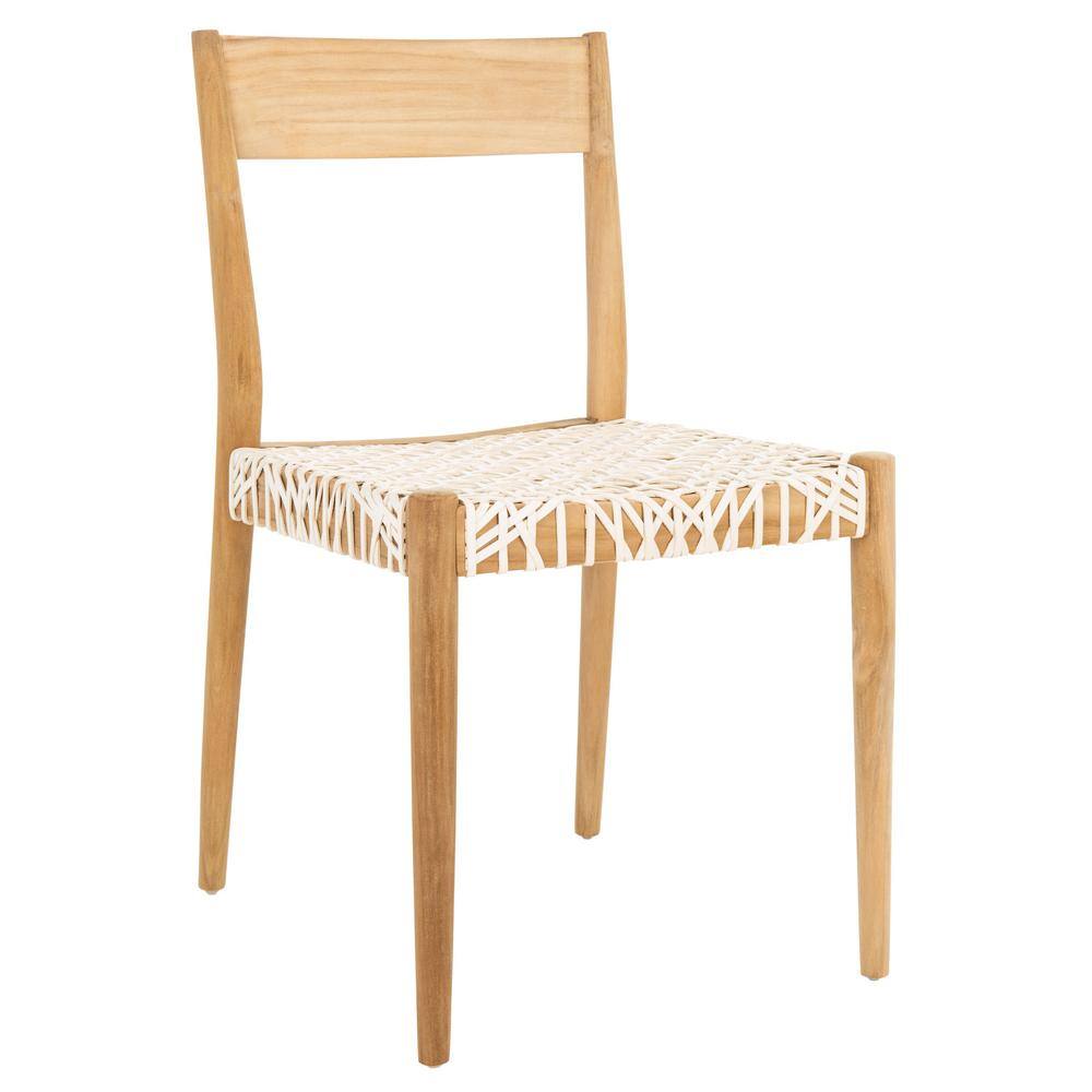 Set of 2 White Woven Leather and Teak Dining Chairs