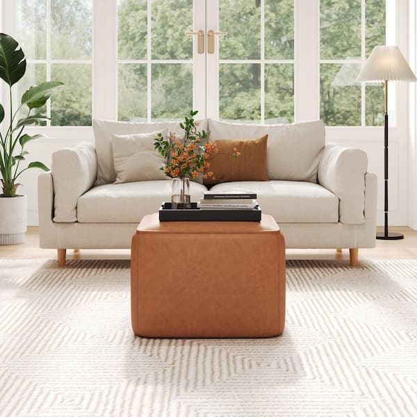 Yzabella Tan Faux Leather Upholstered Square Accent Ottoman