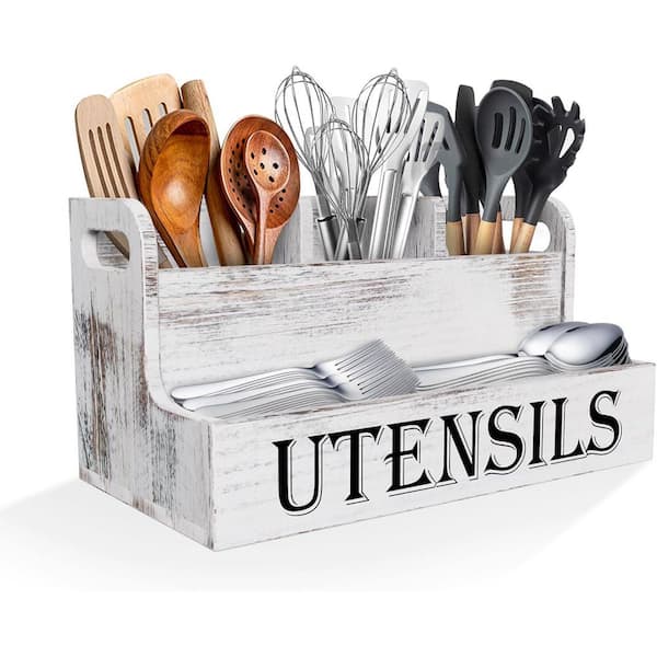 Adrinfly Extra Large Kitchen Utensils Holder with 4 Compartments White Wooden Utensil Organizer for Countertop Farmhouse Storage