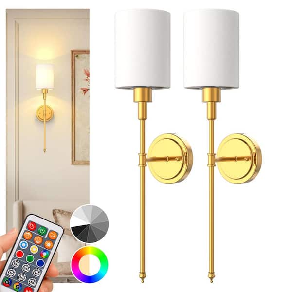 YANSUN 7 in. 1-Light Gold Wall Sconces, RGBCW Color Changing, Timer, for Living Room (2-Pack)