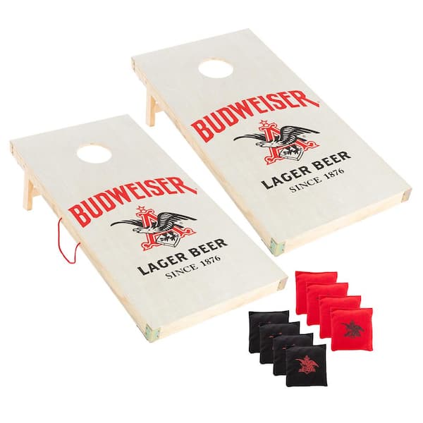 Unbranded Budweiser Cornhole Bean Bag Toss Game - Vintage Logo Design Wood Corn Hole Boards with 8 Red and Black Beanbags