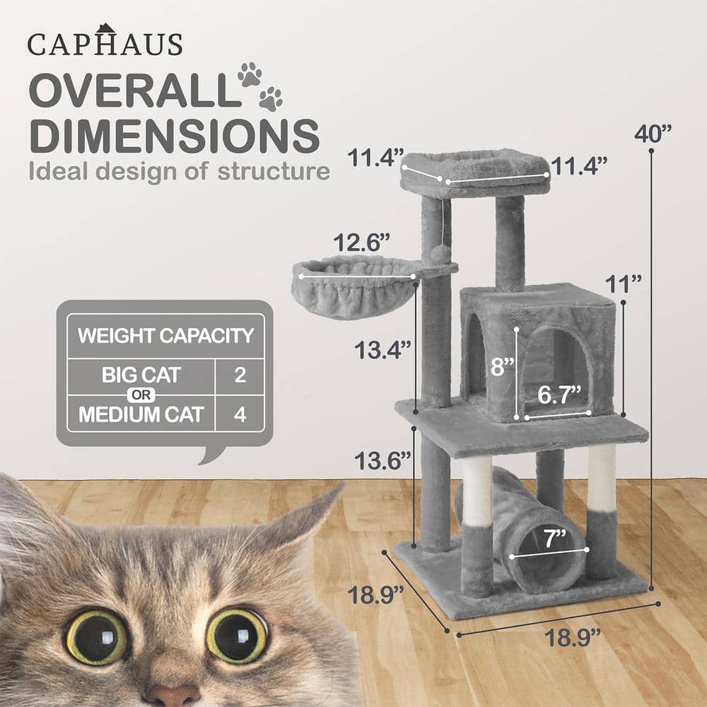 40'' Light Gray Multi-Level Cat Activity Tree with Sisal Posts