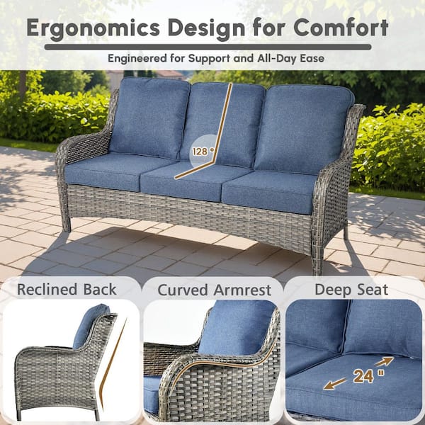 OVIOS Joyoung Gray 7-Piece Wicker Patio Rectangle Fire Pit