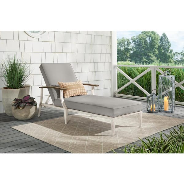 Hampton Bay Marina Point White Steel Outdoor Patio Chaise Lounge with CushionGuard Stone Gray Cushions