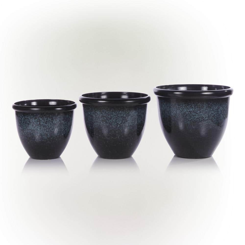 Indoor/Outdoor Stone Planters with Drainage Holes and Plugs, Speckled Blue 