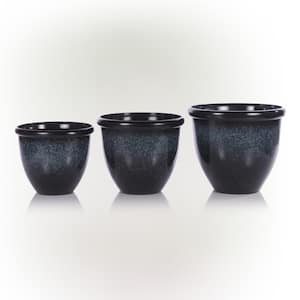Indoor/Outdoor Stone Planters with Drainage Holes and Plugs, Speckled Blue (Set of 3)