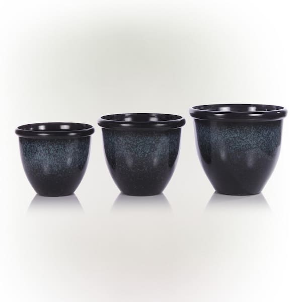 Alpine Corporation Indoor/Outdoor Stone Planters with Drainage Holes and Plugs, Speckled Blue (Set of 3)