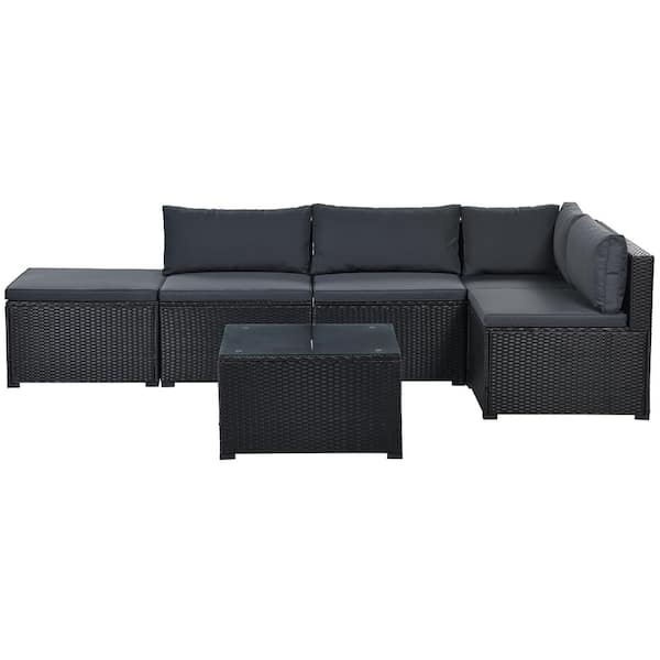 ANGELES HOME 6-Piece PE Wicker Patio Garden Outdoor Patio Conversation Sofa Set with Gray Cushions and Ottoman