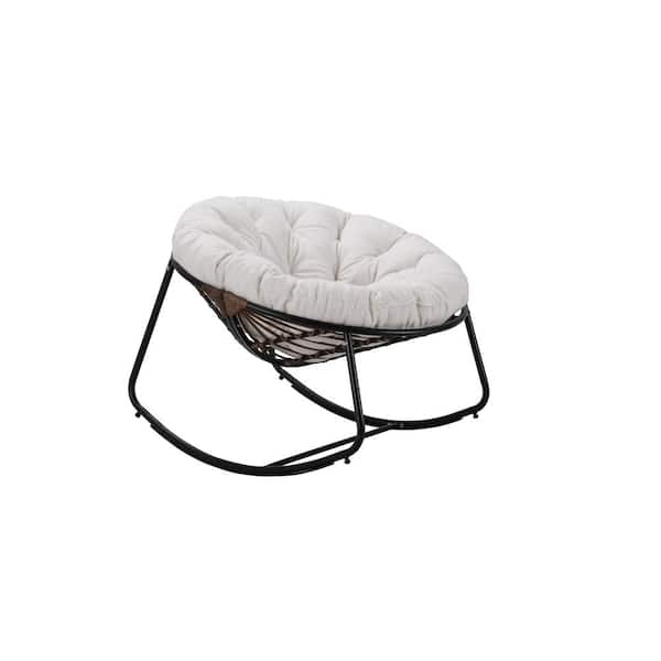 Unbranded 1-Piece Metal Dark Gray Round Rattan Rope Club Outdoor Rocking Chair with Teddy Beige Cushion