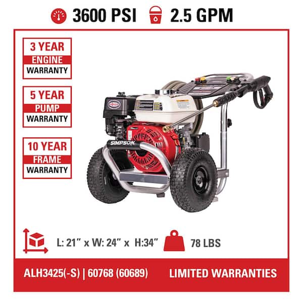 3600 PSI 2.5 GPM Cold Water Gas Pressure Washer with HONDA GX200 Engine