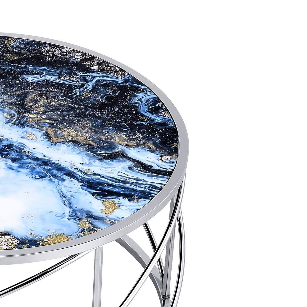 Blue Marble Print and Chrome Round Coffee Table