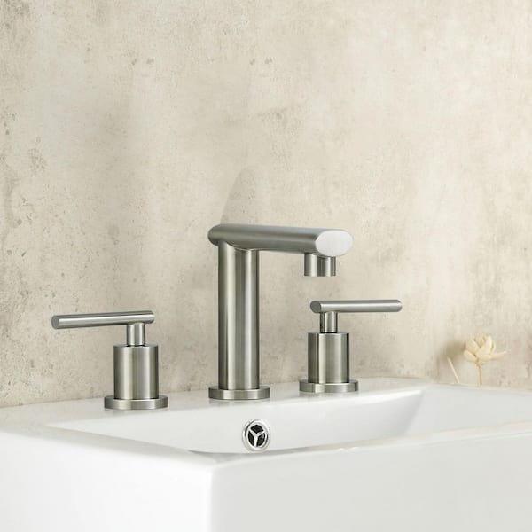 Satico 8 in. widespread 2-Handle 3-Hole Low-Arc Bathroom Vanity Faucet with Pop-Up Drain in Brushed Nickel