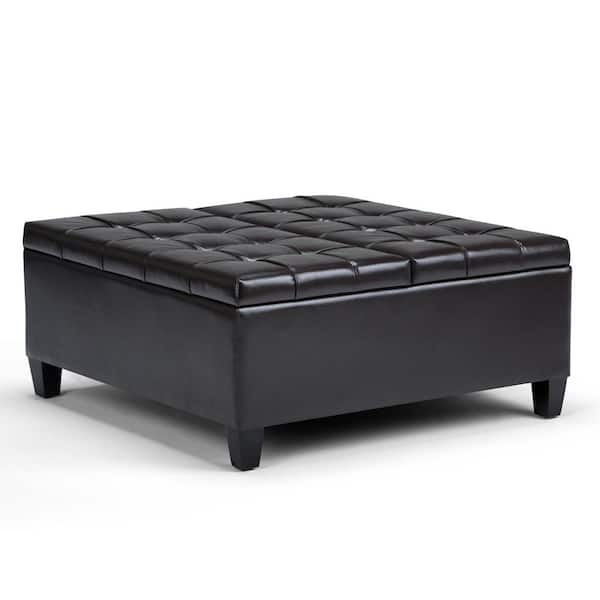 Simpli Home Harrison 36 in. Wide Transitional Square Coffee Table Storage Ottoman in Tanners Brown Faux Leather