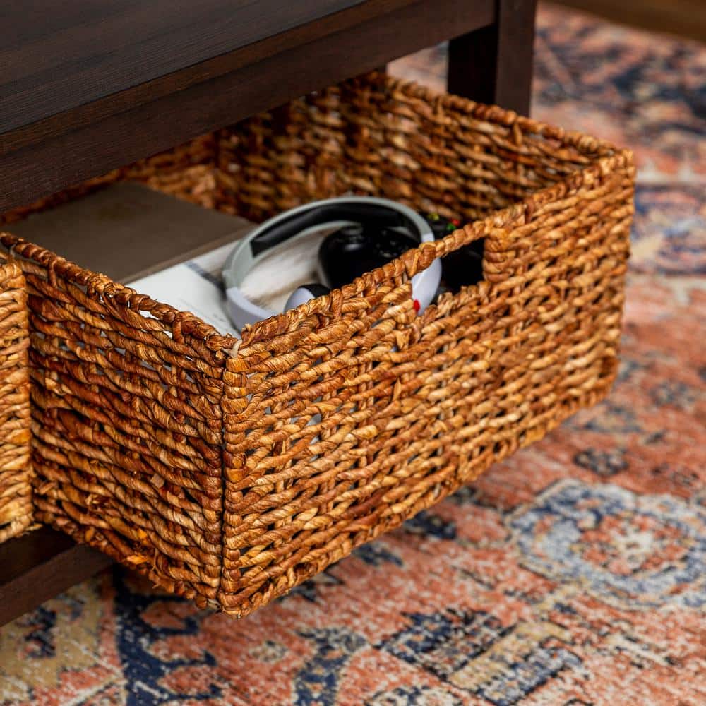 Espresso Elegance 40" Rectangular Coffee Table with Wicker Storage Baskets