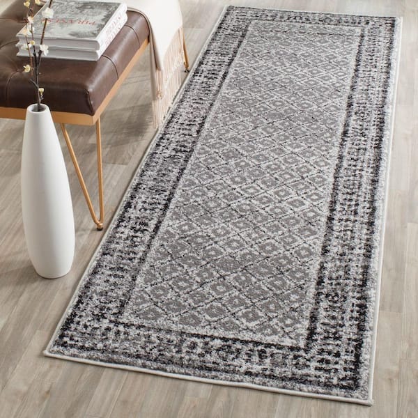 Adirondack Ivory/Silver 3 ft. x 12 ft. Border Geometric Runner Rug