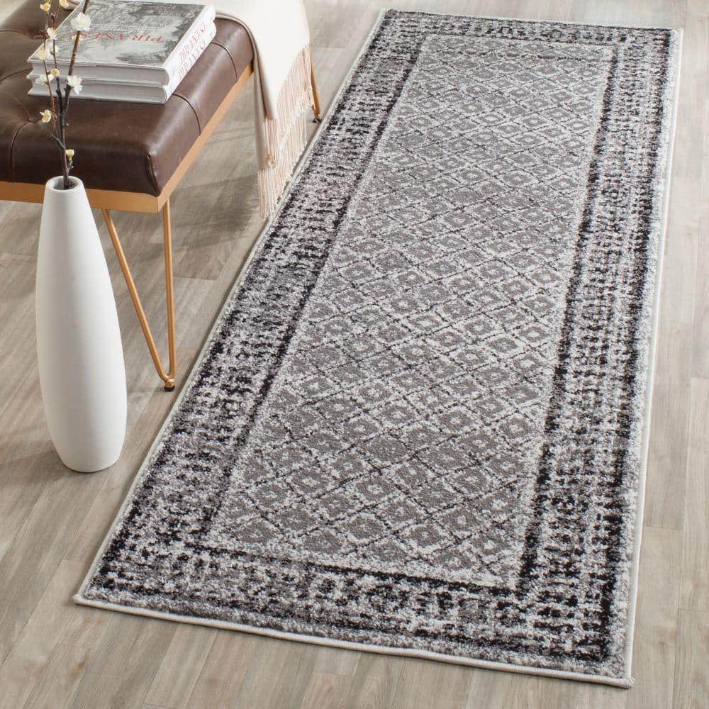 Ivory and Silver Geometric Synthetic Runner Rug