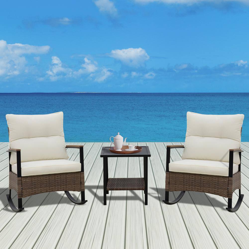 3-Piece Brown Wicker Outdoor Sofa Set Rattan Rocking Chair Set with Beige Cushion and Side Table for Patio Deck Backyard price history on PriceWatchPro