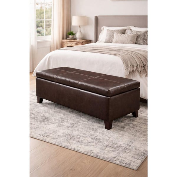 Cyntra Distressed Brown PU Leather Rectangle Flip-Top Storage Ottoman Bench