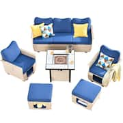 Echo Beige 6-Piece Wicker Outdoor Multi-Functional Patio Conversation Sofa Set with a Fire Pit and Navy Blue Cushions