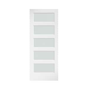 32 in. x 84 in. 5 Frosted Glass Solid Core White Finished Interior Barn Door Slab