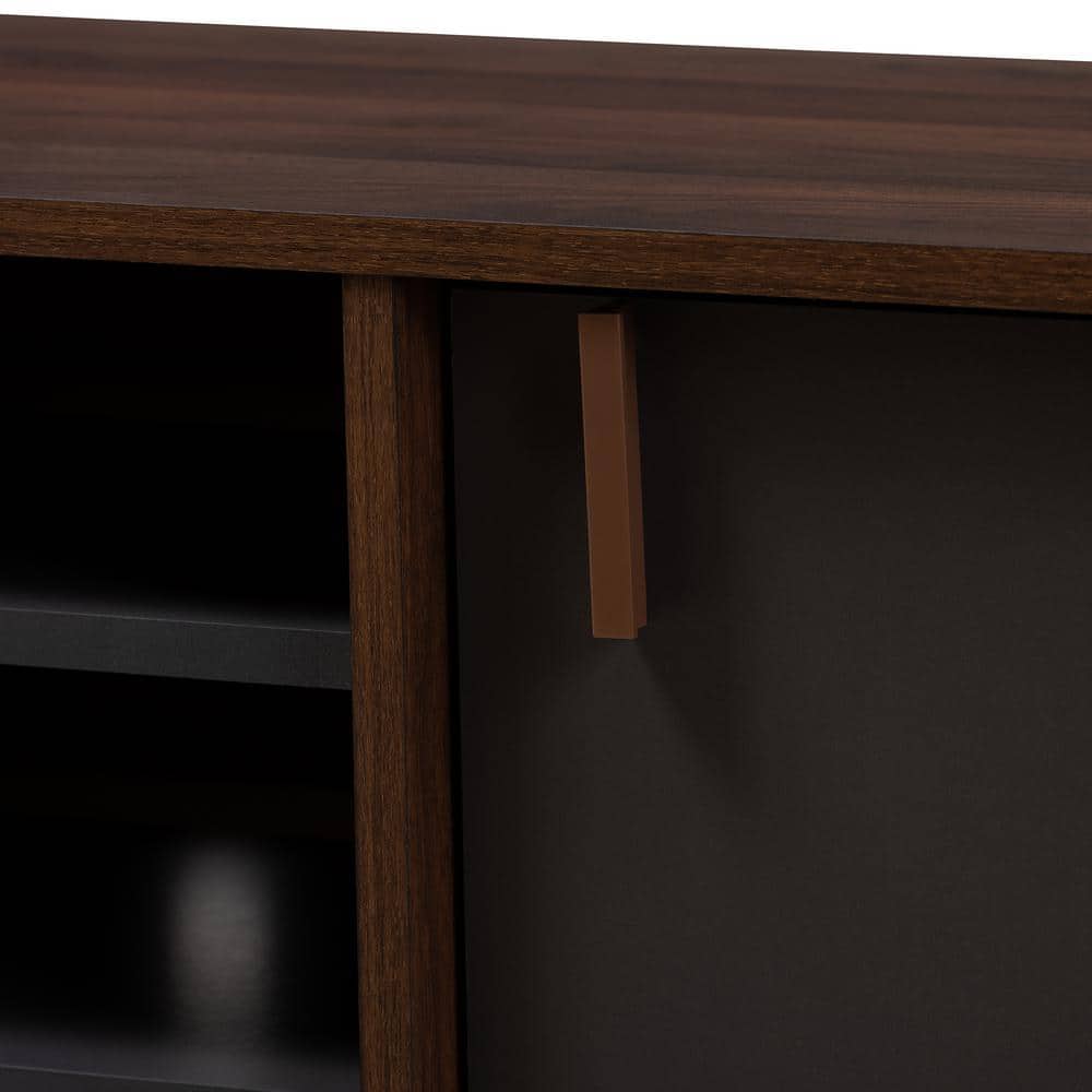 Samuel Walnut Brown and Dark Gray Mid-Century TV Stand with Cabinets