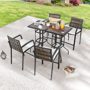 6-Piece Wicker Bar Height Outdoor Dining Set with Beige Cushions