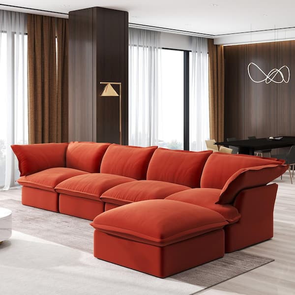 162.98 in Wide Flared Arm Linen Down-Filled Deep Seat Modular Sofa Free Combination in. Red