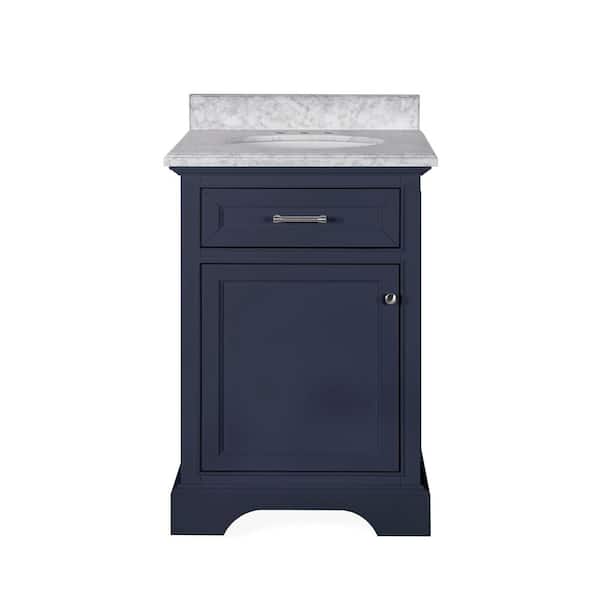 Windlowe 24 in. Single Sink Navy Blue Bath Vanity with White Carrara Marble Top (Assembled)
