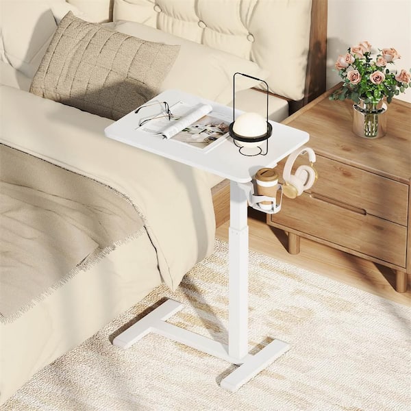 24 in. White Particle Board C Shaped End Table Height Adjustable Overbed Bedside Table with Hook and Cup Holder