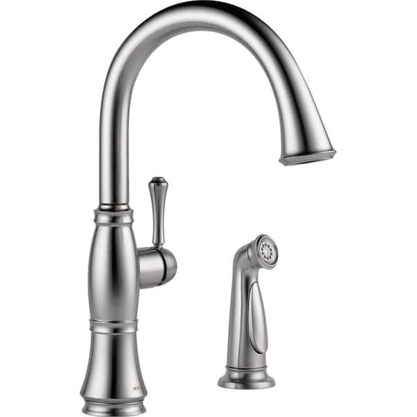 Delta Cassidy Single Handle Standard Kitchen Faucet With Side Sprayer In Arctic Stainless 4297 Ar Dst The Home Depot
