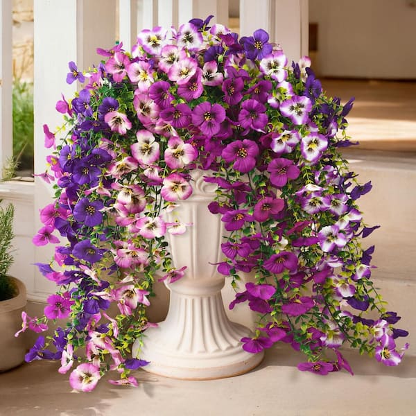 UUDULY Purple Yellow White Artificial Hanging Pansy Flowers Outdoor Indoor UV Resistant Silk Plant 4-Pcs Pack