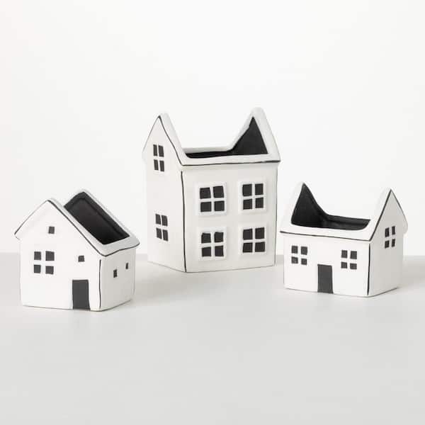 SULLIVANS 3 in, 3.75 in and 4.75 in. Black & White Whimsical House Ceramic Planter (Set of 3)